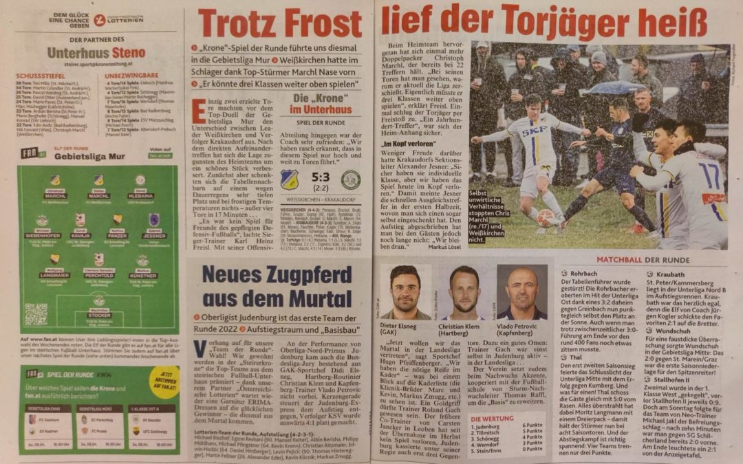 Für alle die es verpasst haben … hier der Bericht vom letzten Match gg. Krakaudorf aus der Kronenzeitung !